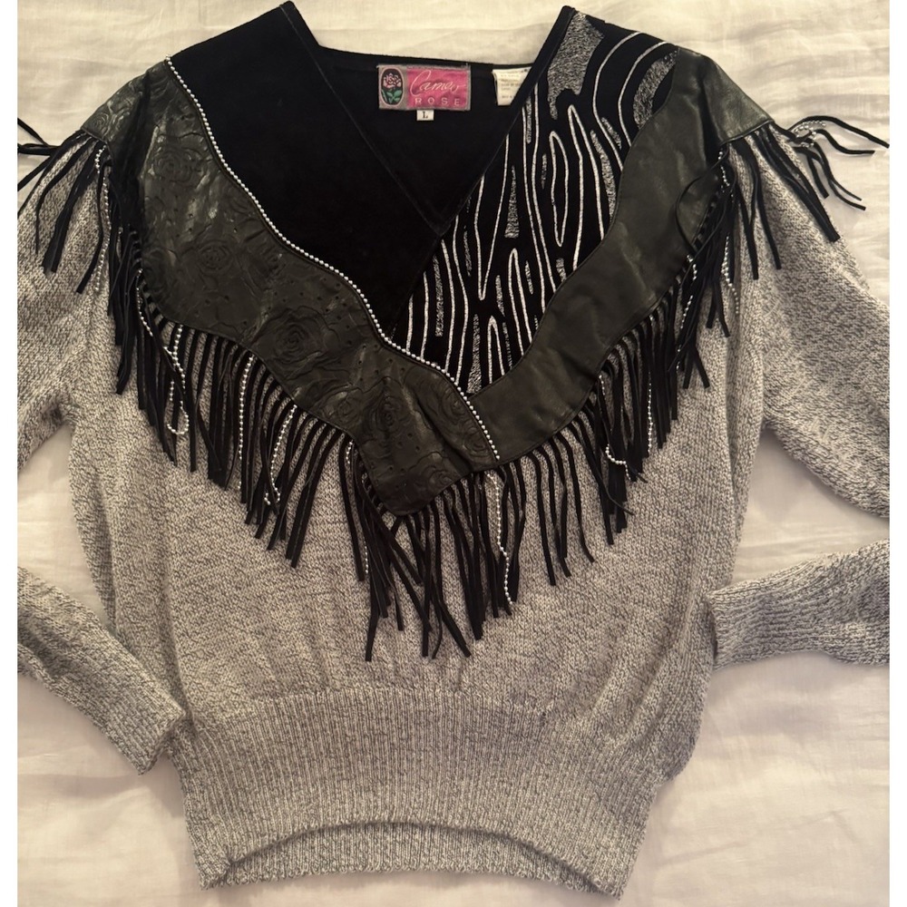 Cameo Rose Sweater Women's Large Vintage 80s Leather Fringe Western Cowgirl